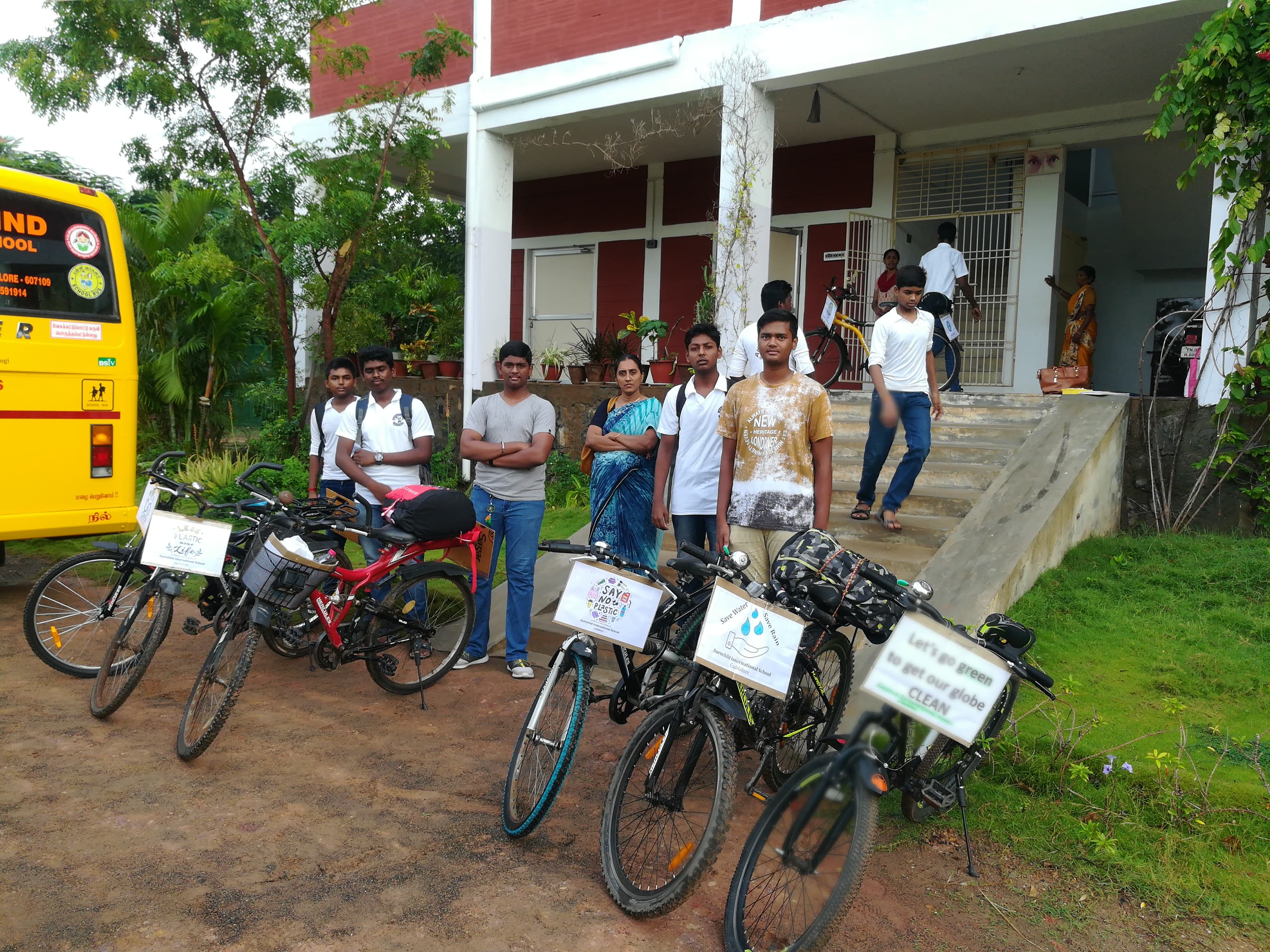 Students cycling for environmental awareness at Aurochild School Cuddalore