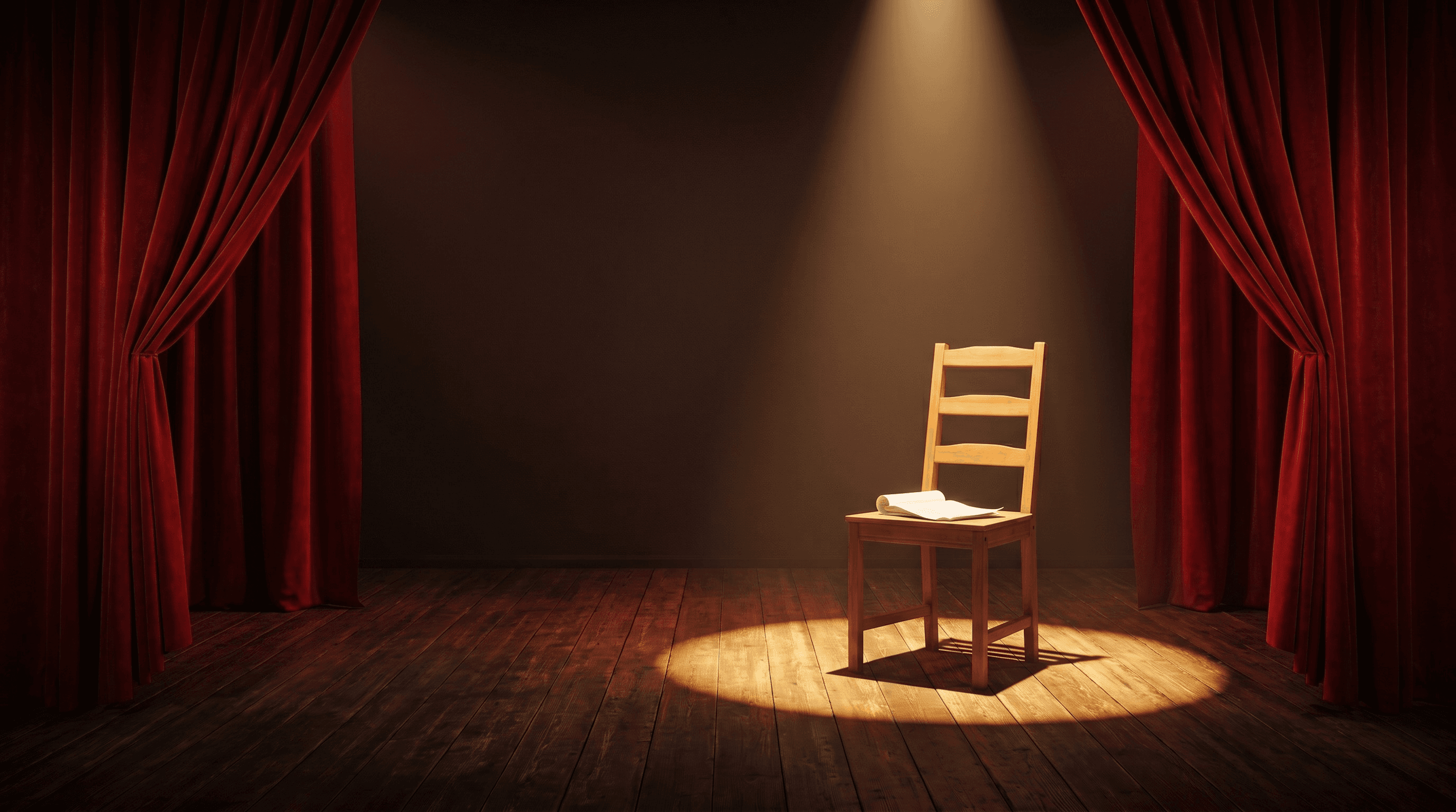 Theatre stage with dramatic red curtains and a single spotlight