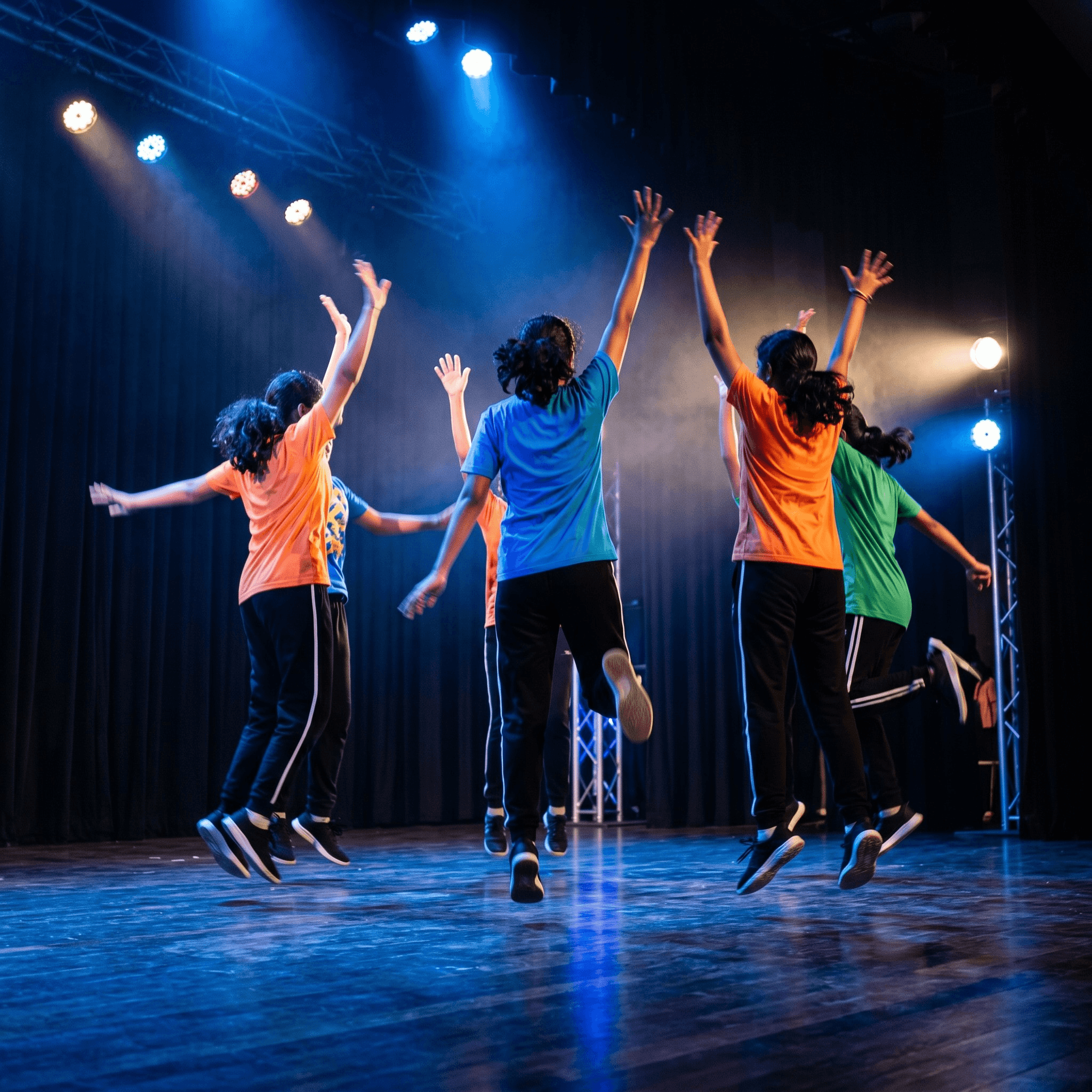 Students performing Western dance on stage with dramatic stage lighting